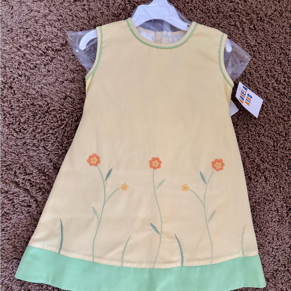 Sunny Floral Kids Dress with Green Trim